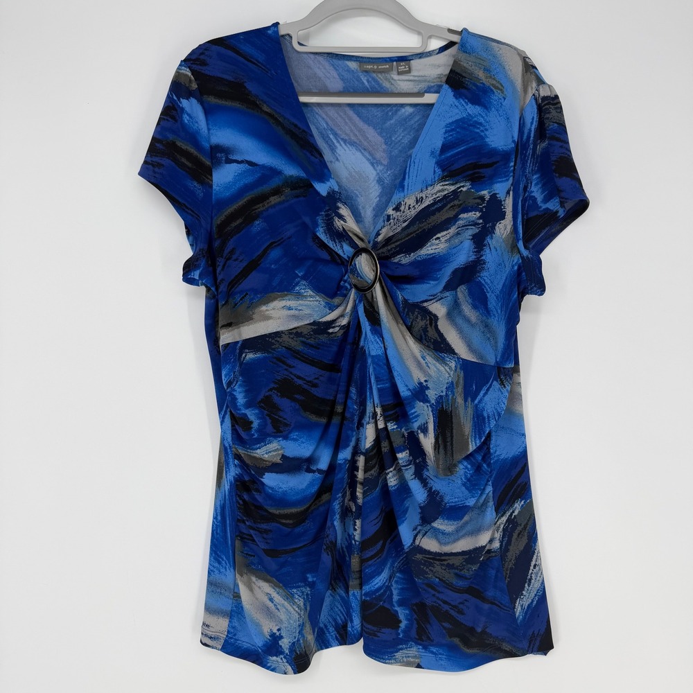 Apt. 9 Blouse Womens XL Blue Abstract Ring Front Stretch Top Officecore Y2K Chic